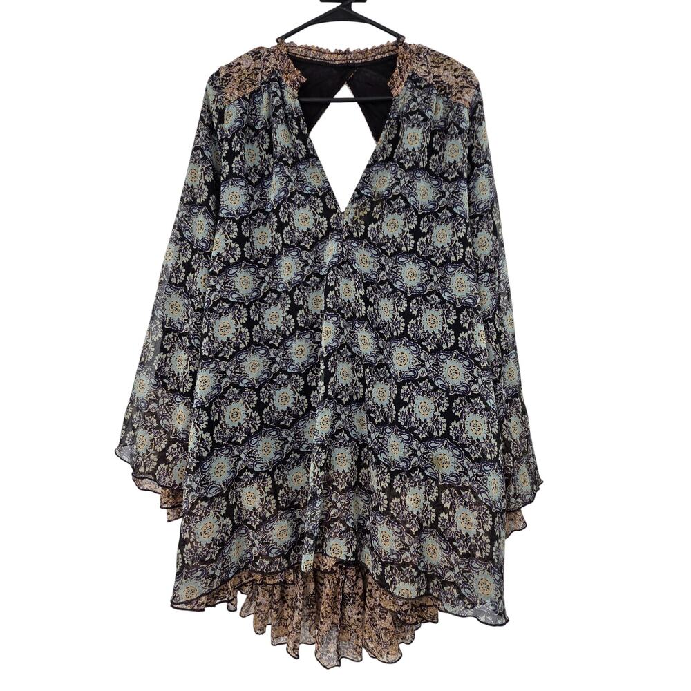 FREE PEOPLE MEDIUM GABI TUNIC BOHO V-NECK LONG BELL SLEEVE OPEN BACK MINI DRESS